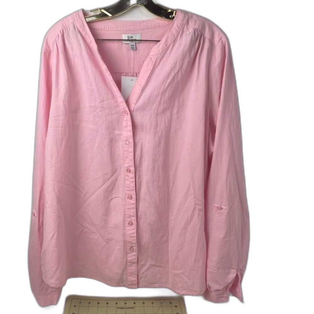 Kim Rogers Pink Linen Button Down Shirt with Tab Sleeves NWT